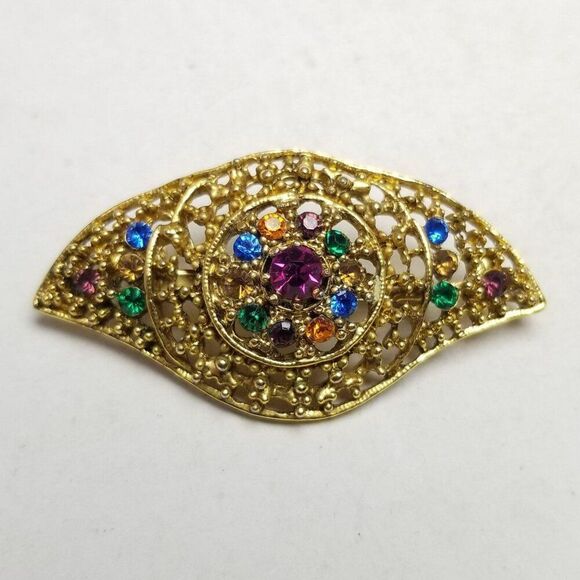 Vintage Jewel Tone Rhinestone Eye Shape Brooch, Gold Tone Setting, Estate - Picture 1 of 6